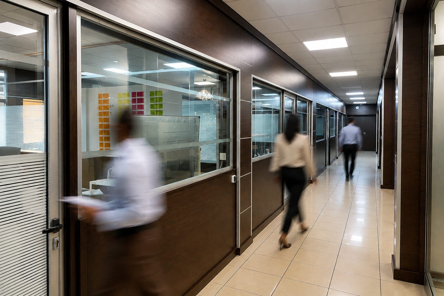 Office corridor at the Lagune Transit Abidjan head office, staff walking through