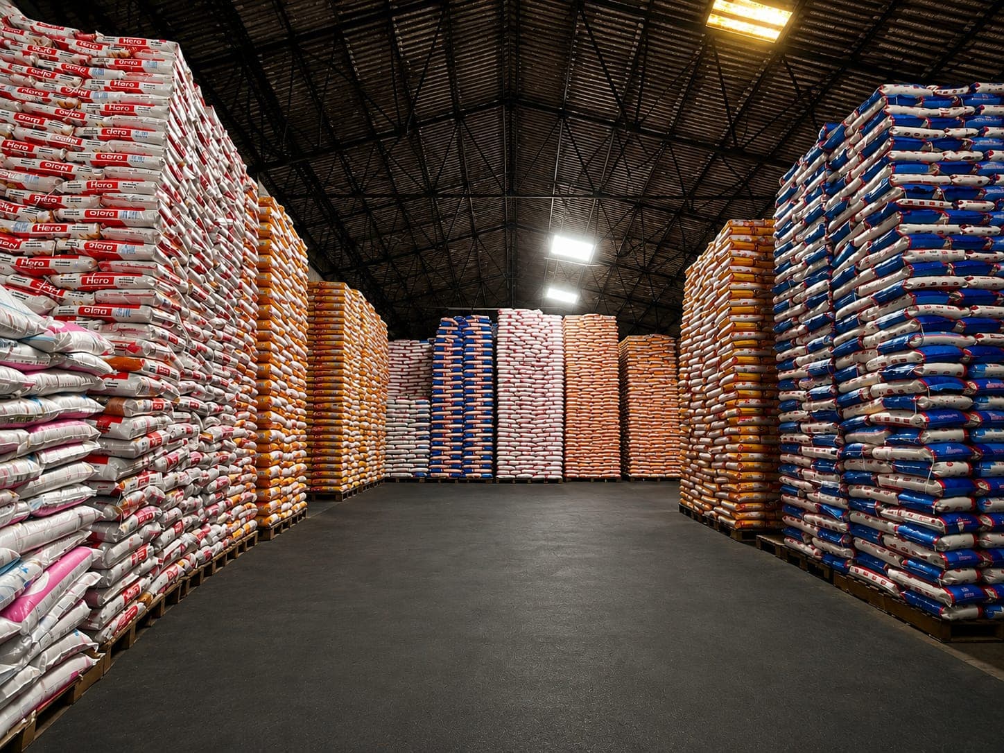 Central aisle of an LTA warehouse loaded with bagged goods