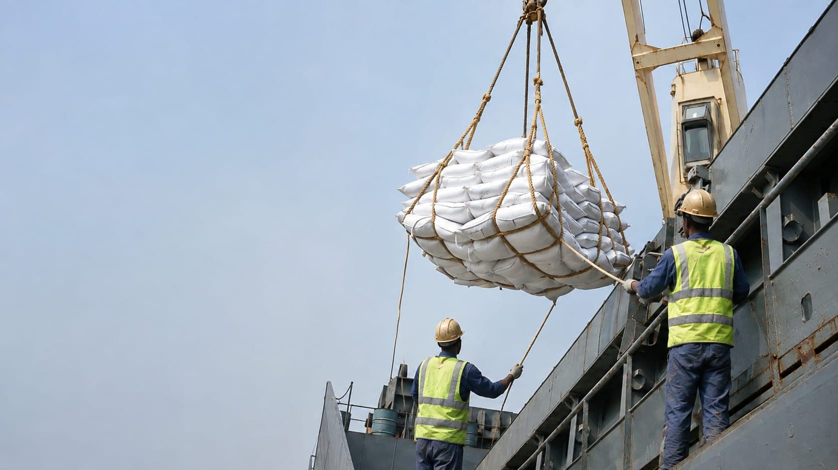 Dockers guiding a sling of rice bags on a ship's deck